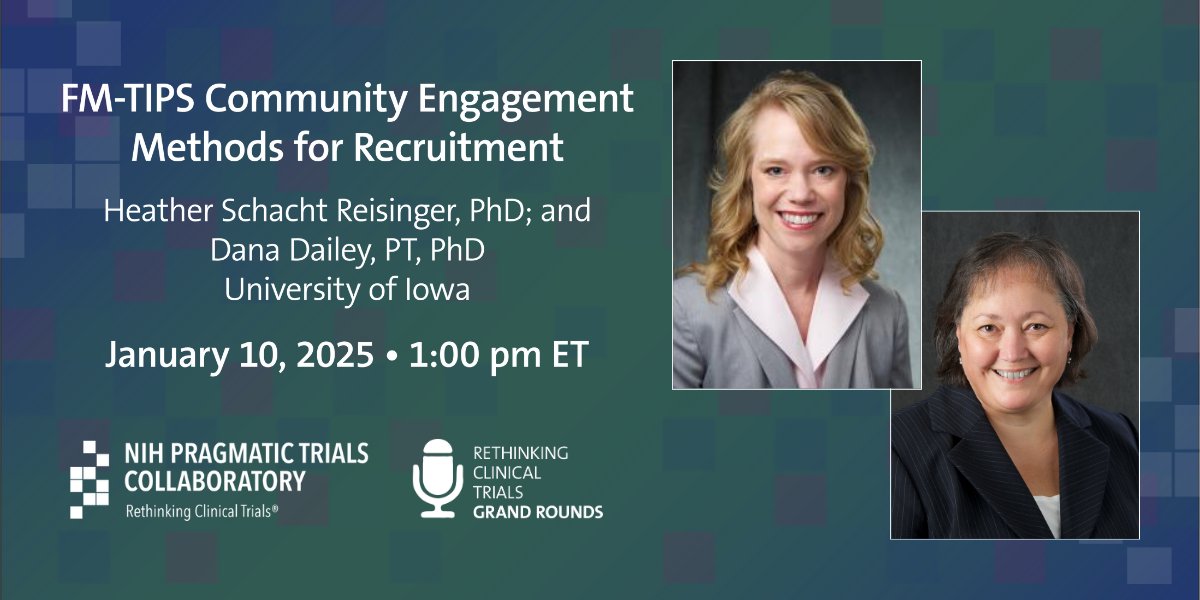 NIH Pragmatic Trials Collaboratory (@collaboratory1) on Twitter photo 📣 In this Friday's PCT Grand Rounds, Heather Schacht Reisinger and Dana Dailey of <a href="/IowaMed/">Carver College of Medicine</a> will share their experience with community engagement for participant recruitment in FM-TIPS, an NIH Collaboratory Trial. Join us! #pctGR
➡️ duke.is/pctnews20250108 📣 In this Friday's PCT Grand Rounds, Heather Schacht Reisinger and Dana Dailey of <a href="/IowaMed/">Carver College of Medicine</a> will share their experience with community engagement for participant recruitment in FM-TIPS, an NIH Collaboratory Trial. Join us! #pctGR
➡️ duke.is/pctnews20250108