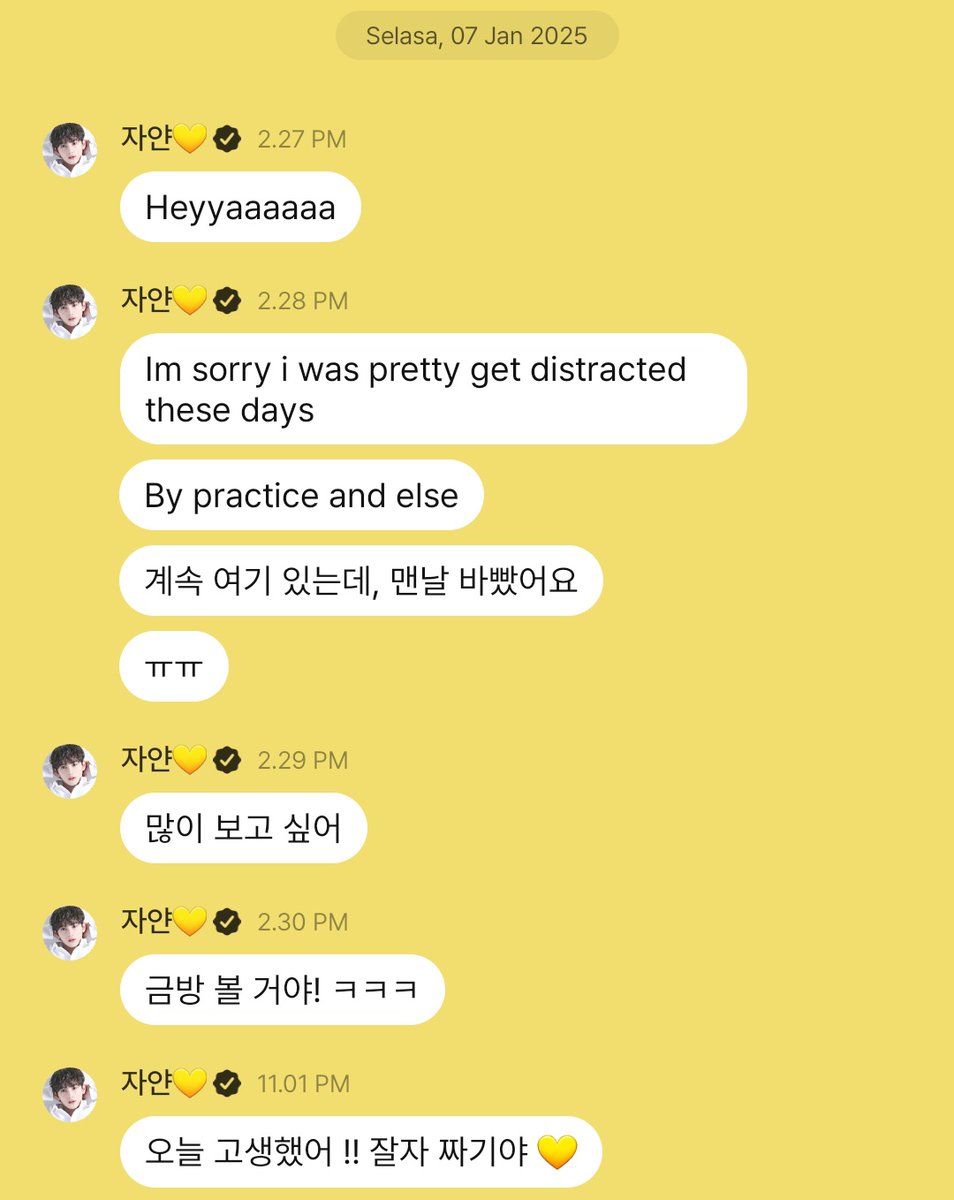 forZayyan's tweet photo. "Heyyaaaaaa"
"Aku minta maaf, perhatianku cukup terganggu akhir-akhir ini"
"Dengan latihan dan lainnya"
"Aku masih di sini, cuma aku selalu sibuk"
"ㅠㅠ"
"Aku sangat merindukanmu"
"Sampai jumpa lagi! Hahaha"
"Kerja bagus hari ini!! Selamat malam Sayang 💛"

#ZAYYAN #XODIAC #자얀 https://t.co/LVinPHX9Ze