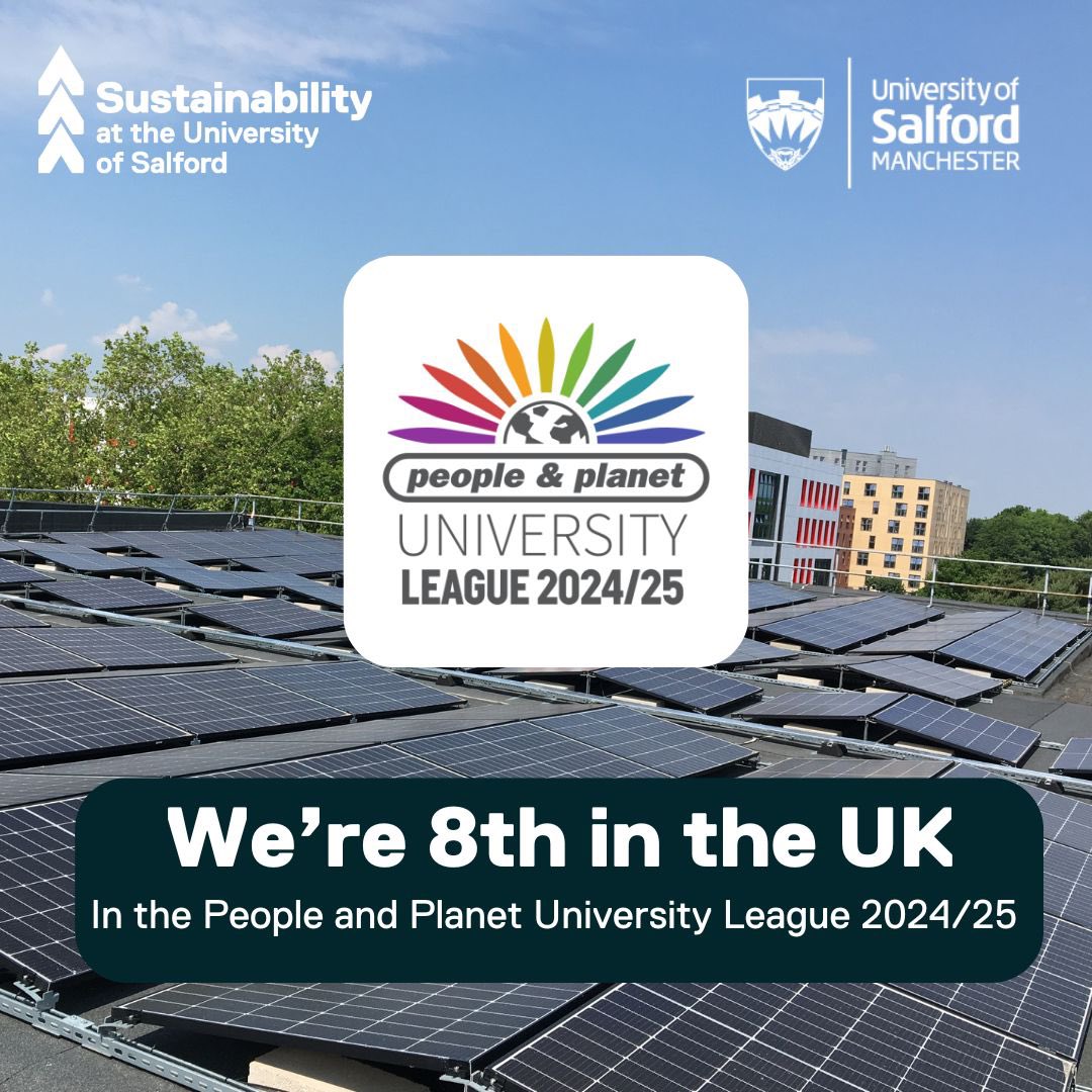 UoS Sustainability (@uos_sustain) on Twitter photo We are proud to share that we have received a First-Class award and 8th position in the 2024 <a href="/peopleandplanet/">People & Planet</a> University League, our highest position to date! 🎉
Read more salford.ac.uk/news/universit…
#sustainabilityatsalford
#SalfordUni We are proud to share that we have received a First-Class award and 8th position in the 2024 <a href="/peopleandplanet/">People & Planet</a> University League, our highest position to date! 🎉
Read more salford.ac.uk/news/universit…
#sustainabilityatsalford
#SalfordUni