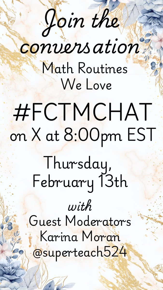 FCTM (@fctmath) on Twitter photo Join the conversation on
Math Routines We Love
at #FCTMchat on Thursday, February 13th
with guest moderator <a href="/superteacher524/">Karina Moran</a> Join the conversation on
Math Routines We Love
at #FCTMchat on Thursday, February 13th
with guest moderator <a href="/superteacher524/">Karina Moran</a>