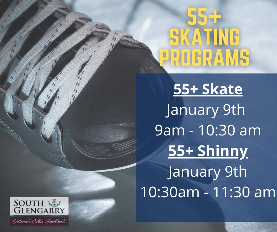 Join us tomorrow (January 9th) for 55+ skating programs at the Char-Lan Recreation Centre. The 55+ skate will take place at 9:00 am and 55+ Shinny begins at 10:30 am.