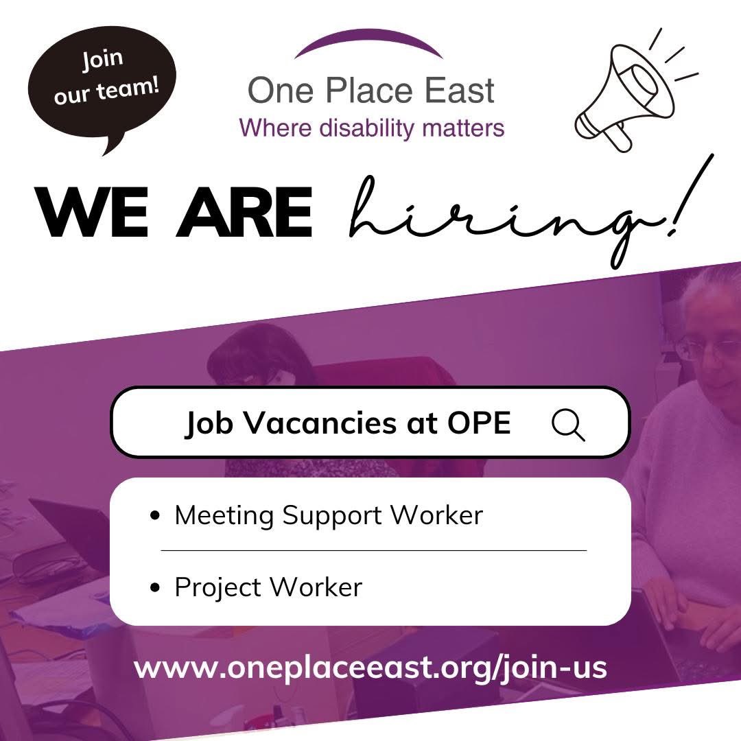 Would you like to join the the OPE Team? 😊

We are recruiting for: 
• Meeting Support Worker
• Project Worker

Visit our website oneplaceeast.org/join-us for more information or to apply for either role 💻

#vacancy #jobopportunity #londonlivingwage #Disability #redbridge
