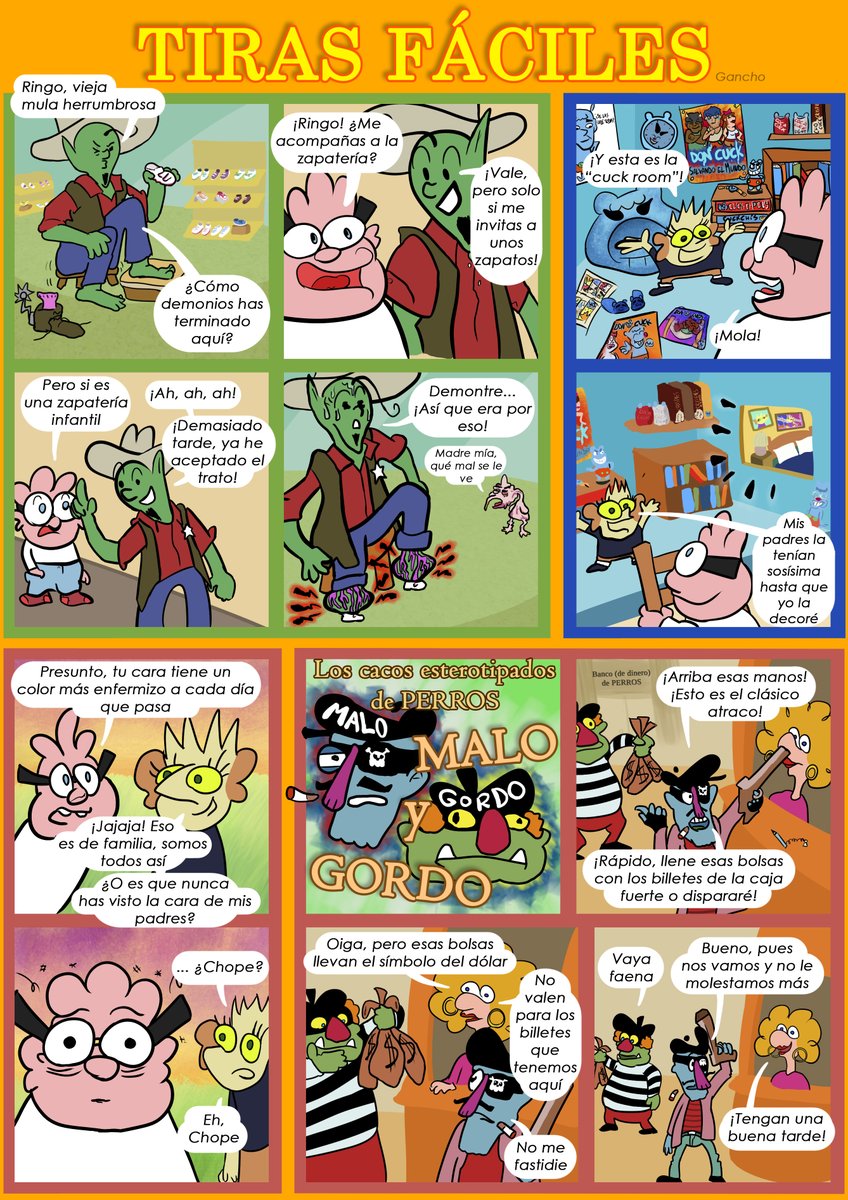 ¡Tiras fáciles!

Cuidado, que aquí vienen cuatro tiras cortas. Imagina que cada una estuviera en su propio twit.

Por <a href="/GanchoYgo/">GA₪CHO</a>