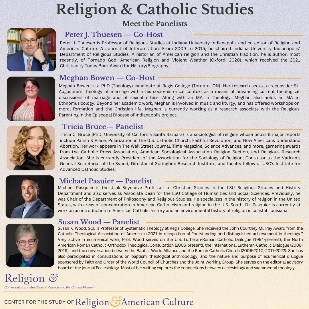 Meet the Co-Hosts and Panelists for the upcoming Religion &amp; Catholic Studies episode! We are so excited to kick off the New Year with this amazing panel of scholars and researchers. Join us Thursday, January 16 for an interesting conversation!
Register: iu.zoom.us/webinar/regist…