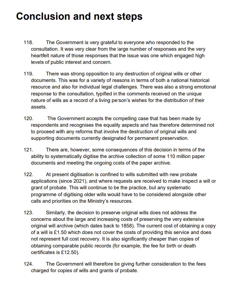 A really interesting example of public consultation on law reform informing a Government decision here. An initial proposal to stop storing physical historic wills and move to digitised versions (with the physical copies destroyed) has been abandoned,
 assets.publishing.service.gov.uk/media/677e4b1a…