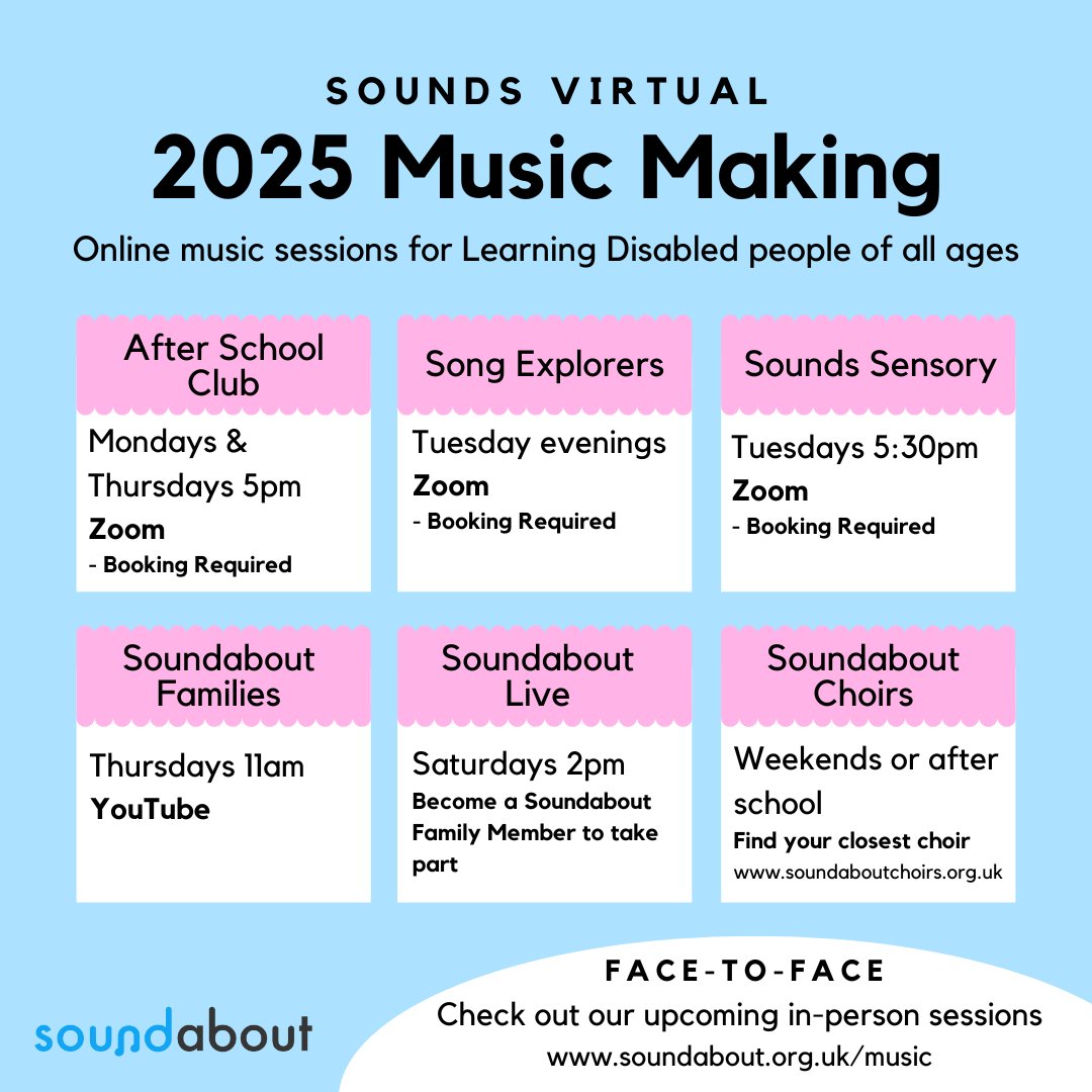 Why not join Soundabout for online, interactive music making? Our busy Sounds Virtual programme has something for everyone, whether you're joining from home, hospice, school, or out-and-about. To find out more, visit soundabout.org.uk/music/sounds-v…