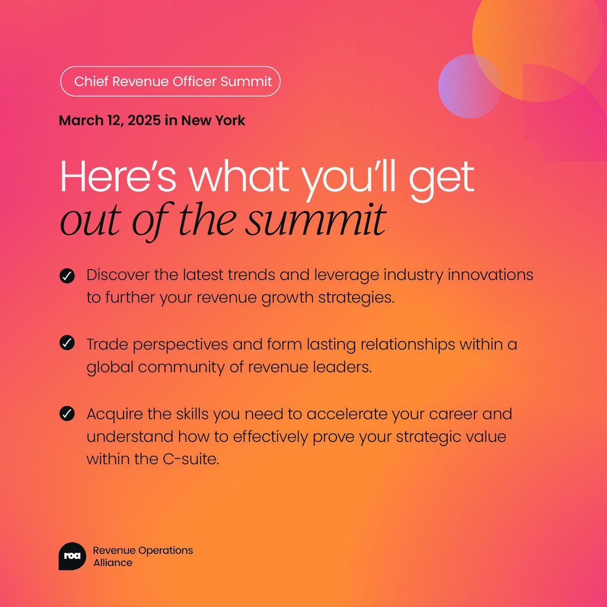 _revopsalliance's tweet photo. Here's what you'll get from attending CRO Summit New York on March 12 👇

✅ Apply for your pass: https://t.co/E7DQeHtfr4
🗣️ Check out the full speaker lineup: https://t.co/yVuR704Gk8
🧐 See what's on the agenda: https://t.co/DKo0ox4YML

#CRONYC #ChiefRevenueOfficer #CRO https://t.co/XX5weGo4wI