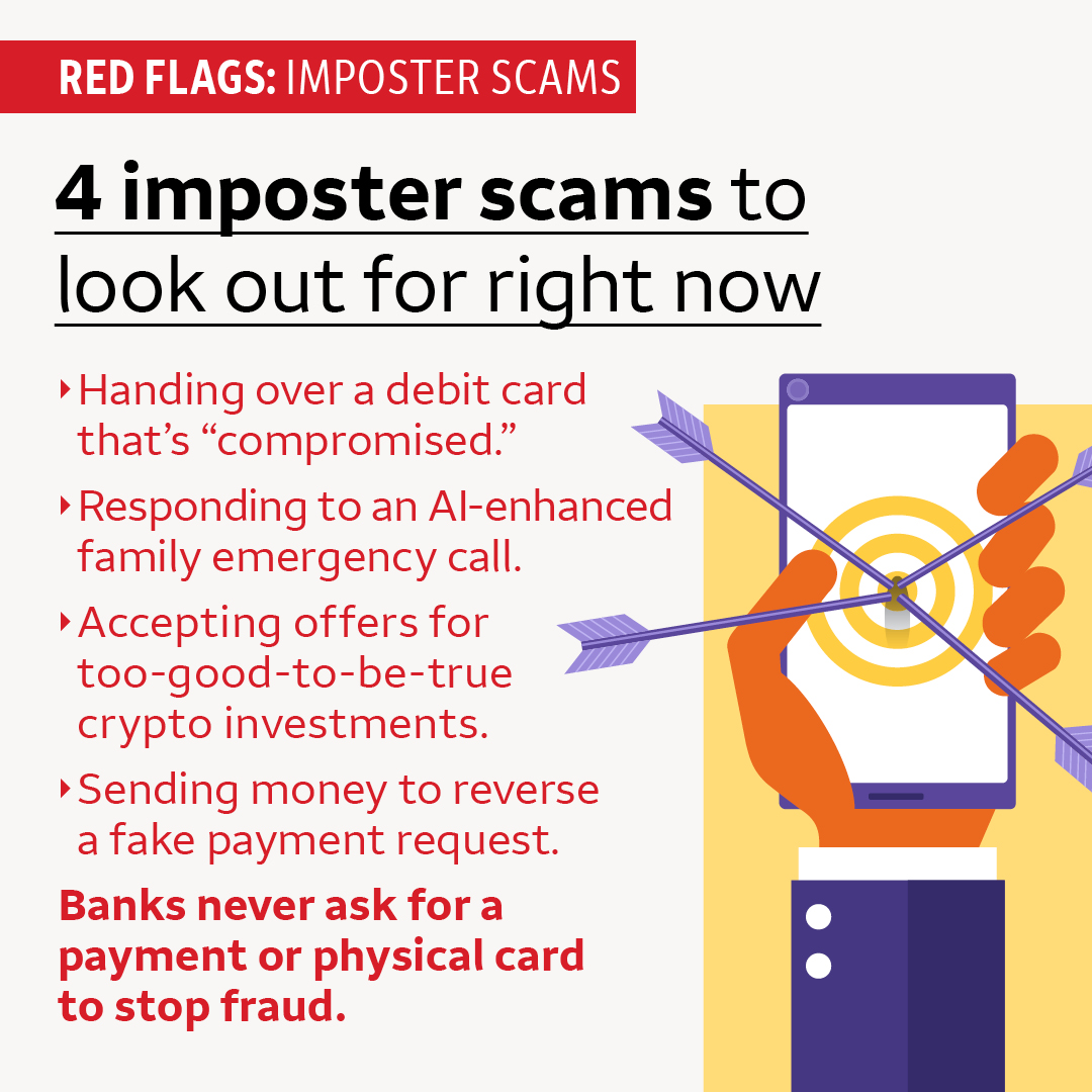 Help protect yourself and your loved ones by spotting the red flags of these four imposter scams currently on the rise. Tag a friend to help spread awareness.