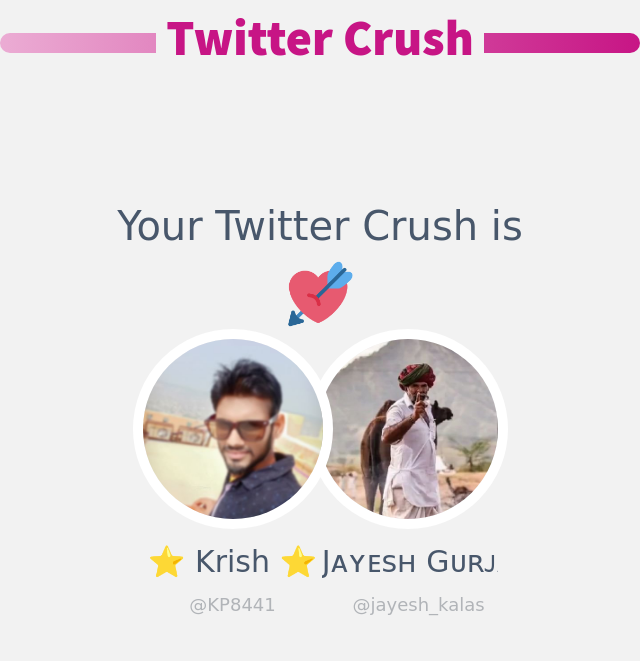 My Twitter Crush is: <a href="/jayesh_kalas/">Jᴀʏᴇsʜ Gᴜʀᴊᴀʀ</a>

➡️ infinityweet.me/secret-crush