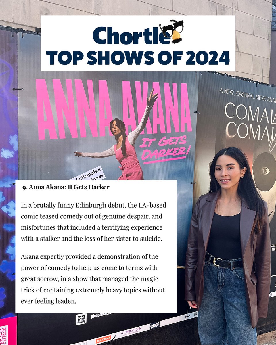 Show And Tell (@show_and_tell) on Twitter photo ‘A demonstration of the power of comedy to help us come to terms with great sorrow’ 🩷
Congratulations to <a href="/AnnaAkana/">Anna Akana</a> for being included in <a href="/chortle/">Chortle Comedy</a>'s top shows of 2024!
‘It Gets Darker’ heads to London’s <a href="/ubsoho/">underbellyboulevard</a> in just two weeks time, tix in bio! 🎟️ ‘A demonstration of the power of comedy to help us come to terms with great sorrow’ 🩷
Congratulations to <a href="/AnnaAkana/">Anna Akana</a> for being included in <a href="/chortle/">Chortle Comedy</a>'s top shows of 2024!
‘It Gets Darker’ heads to London’s <a href="/ubsoho/">underbellyboulevard</a> in just two weeks time, tix in bio! 🎟️