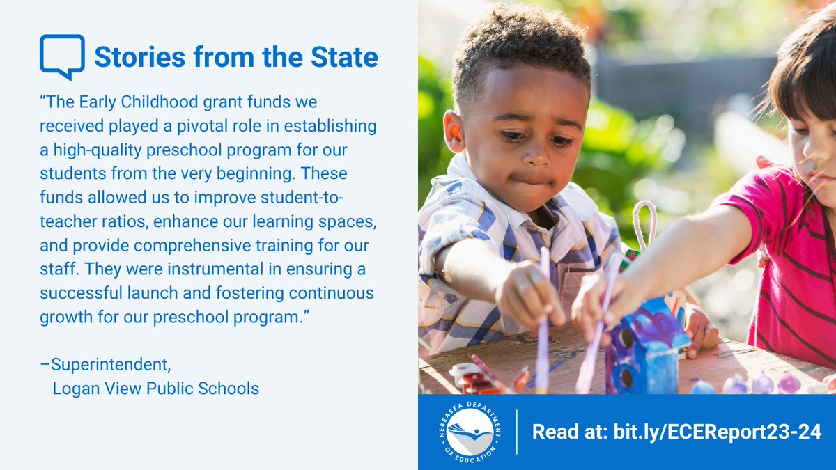 Kristine Luebbe (@nearlychildhood) on Twitter photo Check out the 2023-24 Early Childhood Education State Report!
See how <a href="/LoganViewRaider/">Logan View Raiders</a> used grants to improve teacher-student ratios, upgrade classrooms, & train staff.
Find more inspiring stories shaping Nebraska's future: bit.ly/ECEReport23-24 Check out the 2023-24 Early Childhood Education State Report!
See how <a href="/LoganViewRaider/">Logan View Raiders</a> used grants to improve teacher-student ratios, upgrade classrooms, & train staff.
Find more inspiring stories shaping Nebraska's future: bit.ly/ECEReport23-24