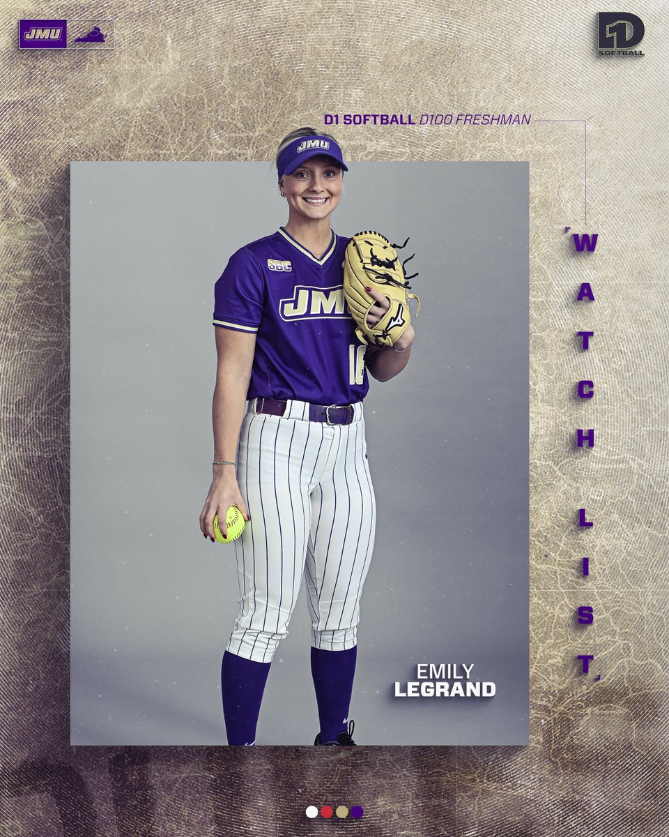 JMUSoftball's tweet photo. LeGrand on the list 📜

@emilylegrand1 has been named to @D1Softball 's 2025 D100 Freshman Watch List ‼️

📰 https://t.co/UCSHaKRrhf

#GoDukes https://t.co/WcHdTqUswI