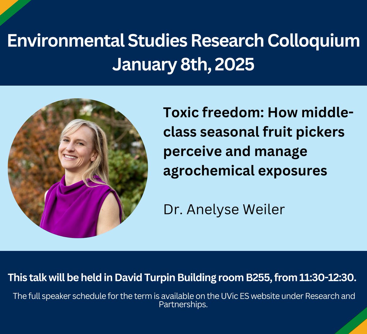 Join us at our first #UVicENVI seminar of the season TODAY to find out how middle-class seasonal fruit pickers perceive and manage agrochemical exposures