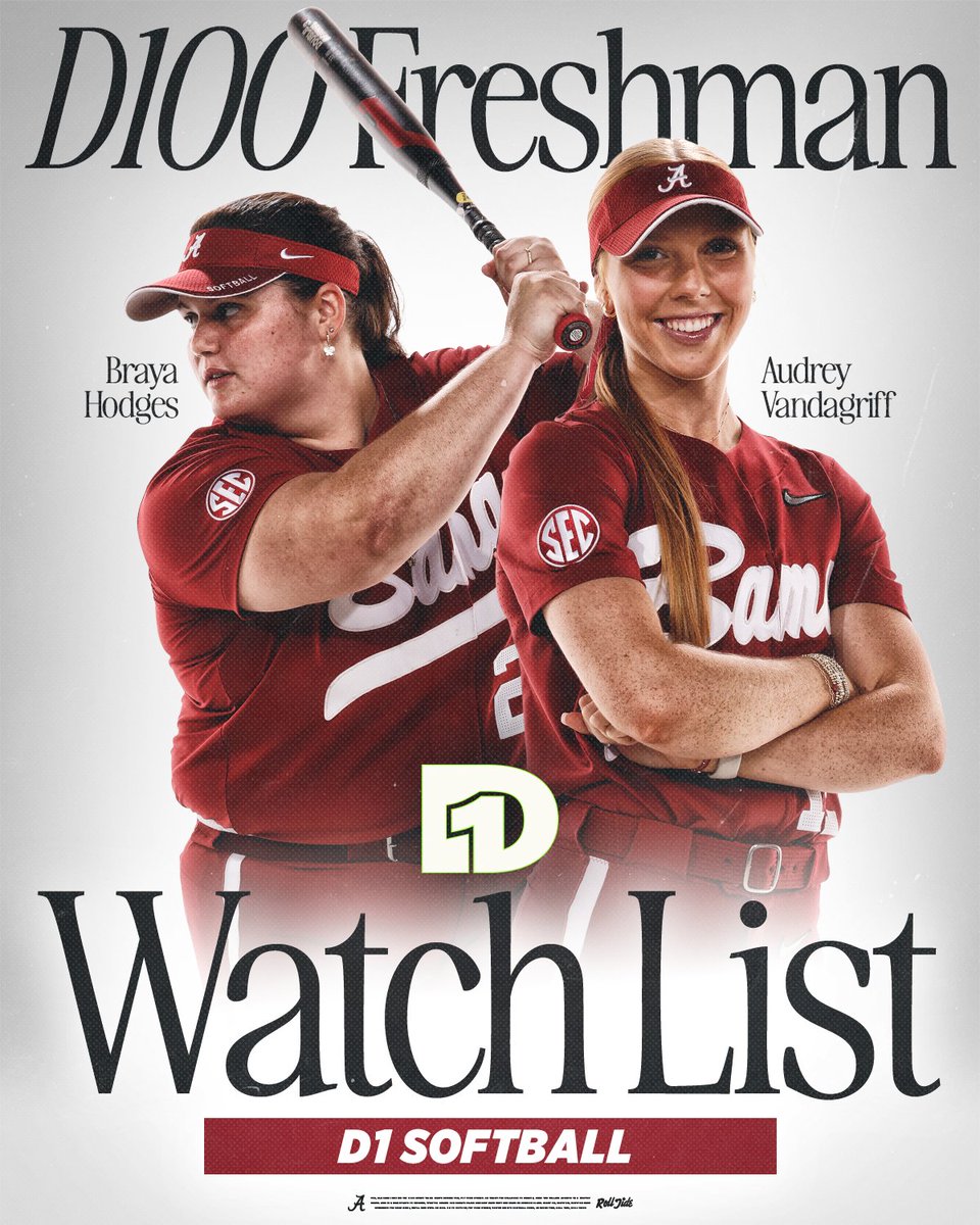 Alabama Softball (@alabamasb) on Twitter photo Two freshmen to watch👀
<a href="/HodgesBraya/">Braya Hodges</a> x <a href="/avandagriff12/">audrey vandagriff</a>
<a href="/D1Softball/">D1Softball</a> D100 Freshman Watch List
#Team29 #RollTide Two freshmen to watch👀
<a href="/HodgesBraya/">Braya Hodges</a> x <a href="/avandagriff12/">audrey vandagriff</a>
<a href="/D1Softball/">D1Softball</a> D100 Freshman Watch List
#Team29 #RollTide