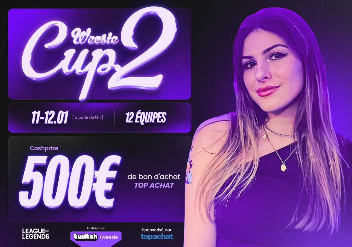 Weesiie's tweet photo. 📢ANNONCE WEESIE CUP 2 📢

Ce weekend aura lieu la Weesie Cup 2, un tournoi LoL communautaire avec un système de points (interdit aux Master+).

Le tournoi aura lieu sur le nouveau Patch 🤤

Si vous voulez vous inscrire il reste encore 2/3 slots ! 
+ d'infos sur mon discord ! ⬇️ https://t.co/3V1Uozvexj