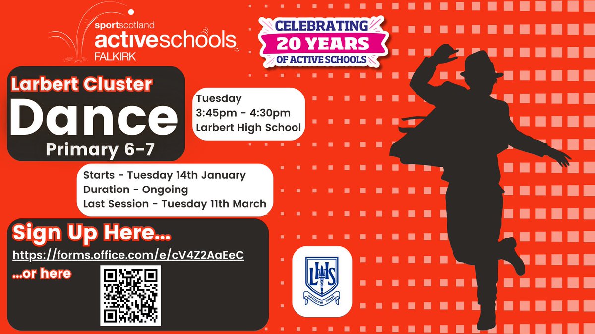Cluster Dance Academy is back for Block 2 ✅

Learn a full dance routine and represent The Larbert Cluster at this years cluster dance competition by attending! 🌟💃🕺🪩

📅Tuesday
⏰3:45pm-4:30pm
🏟️Larbert High School
⤵️Sign Up forms.office.com/e/cV4Z2AaEeC

@LarbertDance