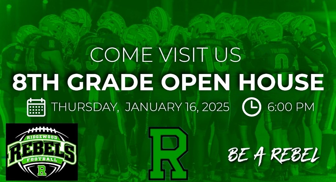 RHSFootball234's tweet photo. 8th Grade Open House
📅 Mark your calendars: Thursday, January 16, 2025
🕕 6:00 PM
📍 Join us at Ridgewood High School and see why you should be a Rebel!
#RidgewoodHighSchool #8thGradeOpenHouse #FutureRebels #HighSchoolPathways #BeARebel https://t.co/YQpz07gqoV
