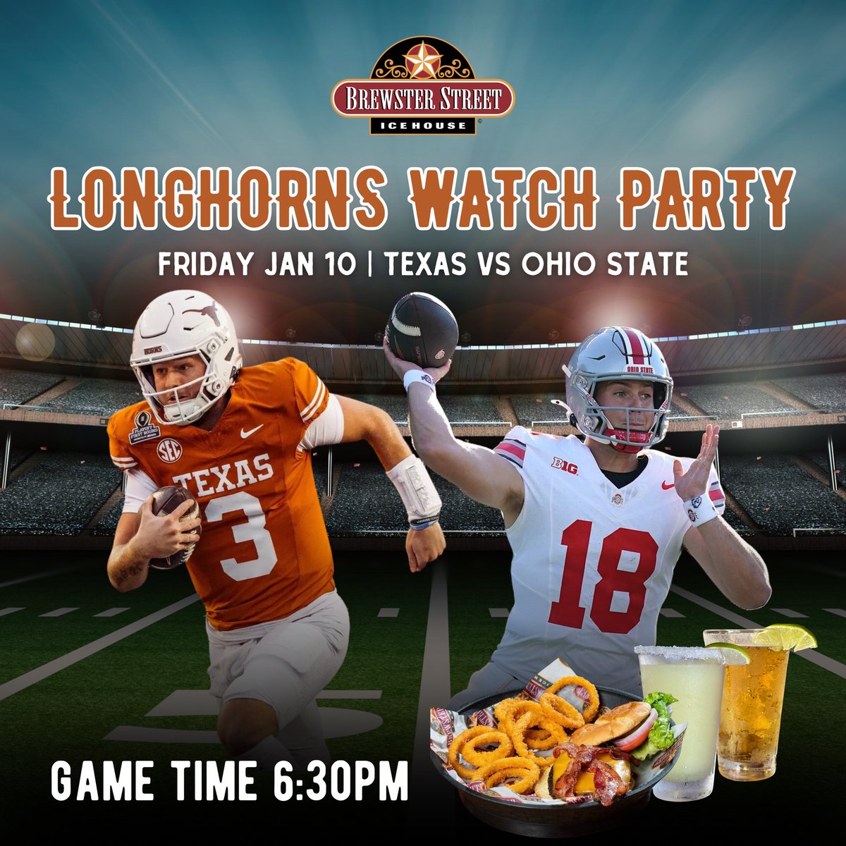 🏈Texas Longhorns Cotton Bowl Watch Party🏈

Join us this Friday, Jan 10 @ 6:30 PM, for the ultimate Texas vs. Ohio State Watch Party at Brewster Street Icehouse! 🐂

🍻 Happy Hour 3–7 PM:
$1 oysters 🦪 | $3 domestics 🍺 | $3 margaritas 🍹