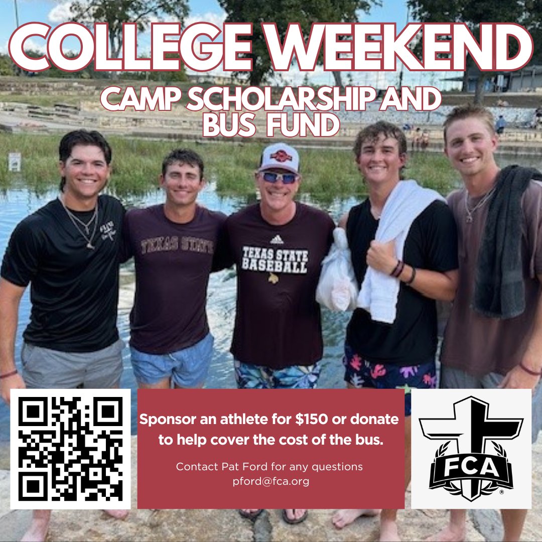 Hey Hey Happy New Year!  It's that time of the year again. Texas FCA College Weekend is just 1 month away, and we still need to cover many retreat scholarships for our TXST athletes and volunteers.  Please consider sending one or more our athletes to this life-changing weekend.