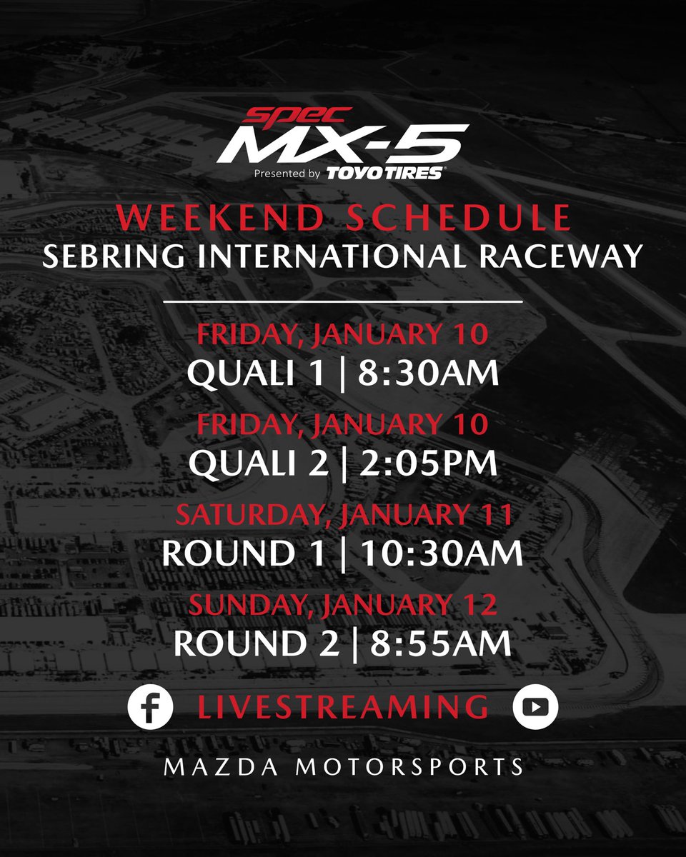 Excited for our first race weekend of 2025, but can’t make it to <a href="/sebringraceway/">Sebring International Raceway</a> in person? 🤔

Fret not, the <a href="/SCCAOfficial/">Sports Car Club of America</a>’s YouTube has you covered, where you’ll be able to see both of our quali’s AND Rounds 1 &amp; 2 of the 2025 Super Tour 🥳

Link ⬇️⬇️⬇️

youtube.com/@SCCAOfficial/…