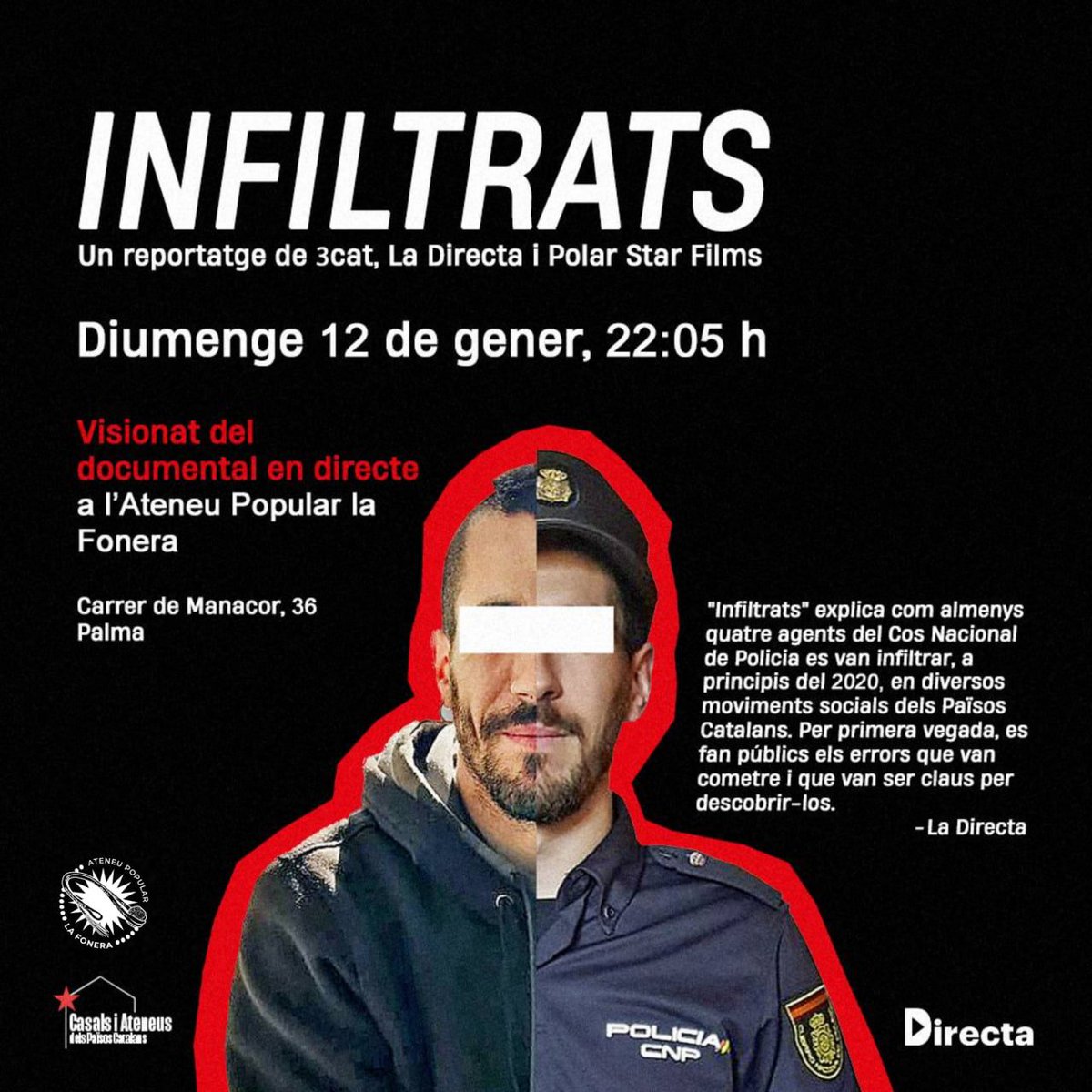📽️ Diumenge 12 (de 20 a 23h): Visionat INFILTRATS. La Fonera ens sumam per veure en directe la projecció d'#infiltrats3Cat, diumenge a les 22.05 h.

Tendrem obert a partir de les 20 h, així que podeu aprofitar per abans del passi fer una mossegada.
