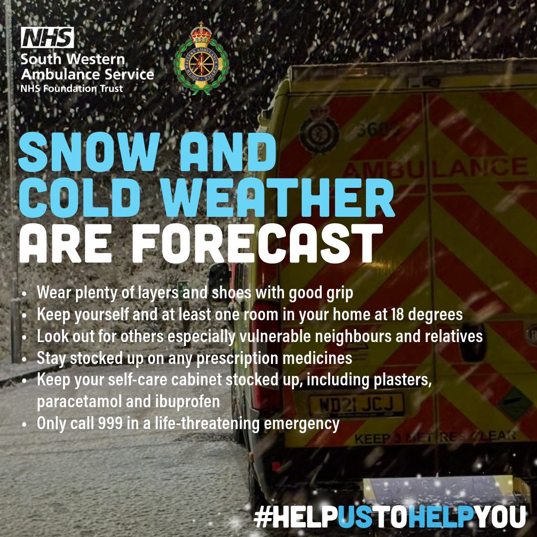 ⚠️ An amber warning for snow has been issued across parts of the #SouthWest in #Cornwall, #Devon, #Somerset &amp; #Dorset.

If you have to travel, please take extra care.

❄️For urgent advice visit 111.nhs.uk
❄️For life-threatening emergencies call 999