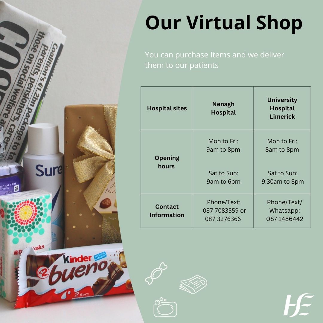HSE Mid West (@hsemidwest) on Twitter photo Our virtual shop service at Nenagh Hospital and UHL enables patients, family and friends to purchase items such as newspapers, toiletries, confectionery, drinks & more by phone. Items are then delivered to wards. Our virtual shop service at Nenagh Hospital and UHL enables patients, family and friends to purchase items such as newspapers, toiletries, confectionery, drinks & more by phone. Items are then delivered to wards.
