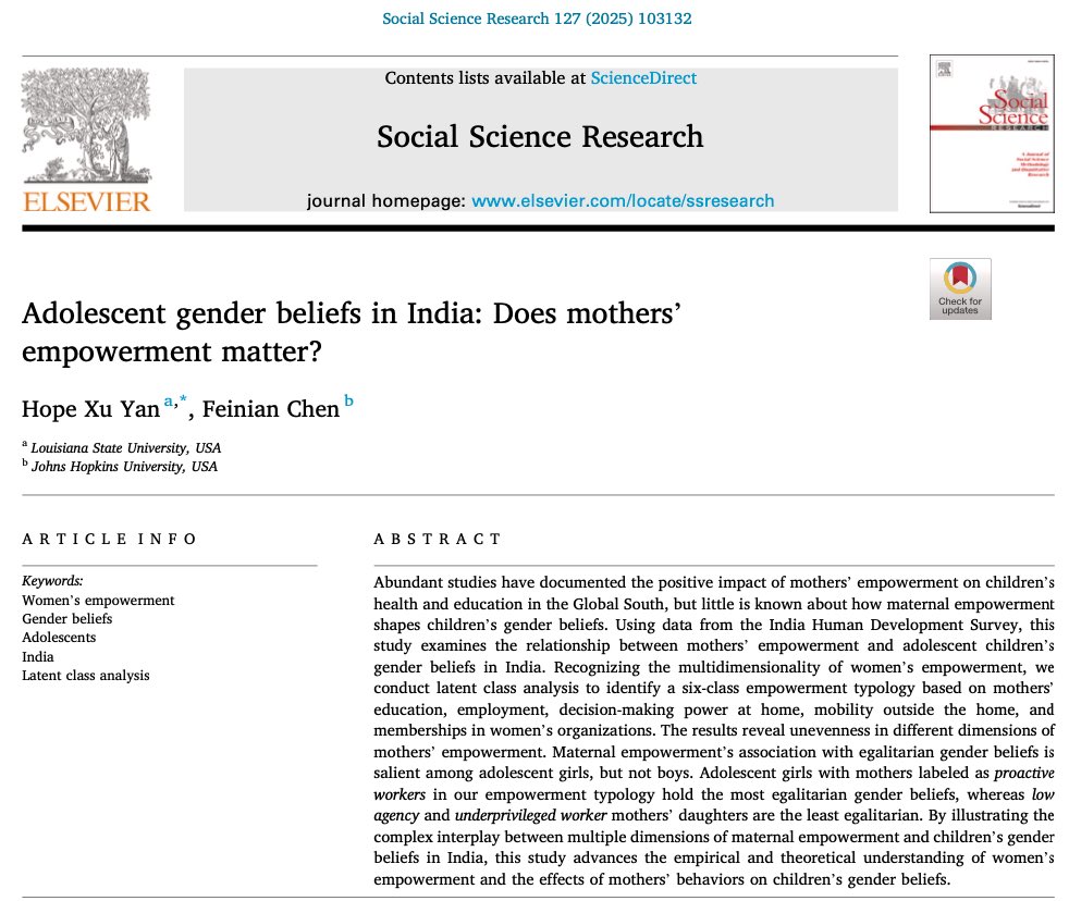 Hope Xu Yan (@hopeyanxu) on Twitter photo Our paper is out in <a href="/SSReditorial/">SSR Editorial Office</a>! We conduct latent class analysis to illustrate the complex interplay between multiple dimensions of maternal empowerment and children’s gender beliefs in India. See full paper here: authors.elsevier.com/a/1kMGz,17Rogz… Our paper is out in <a href="/SSReditorial/">SSR Editorial Office</a>! We conduct latent class analysis to illustrate the complex interplay between multiple dimensions of maternal empowerment and children’s gender beliefs in India. See full paper here: authors.elsevier.com/a/1kMGz,17Rogz…