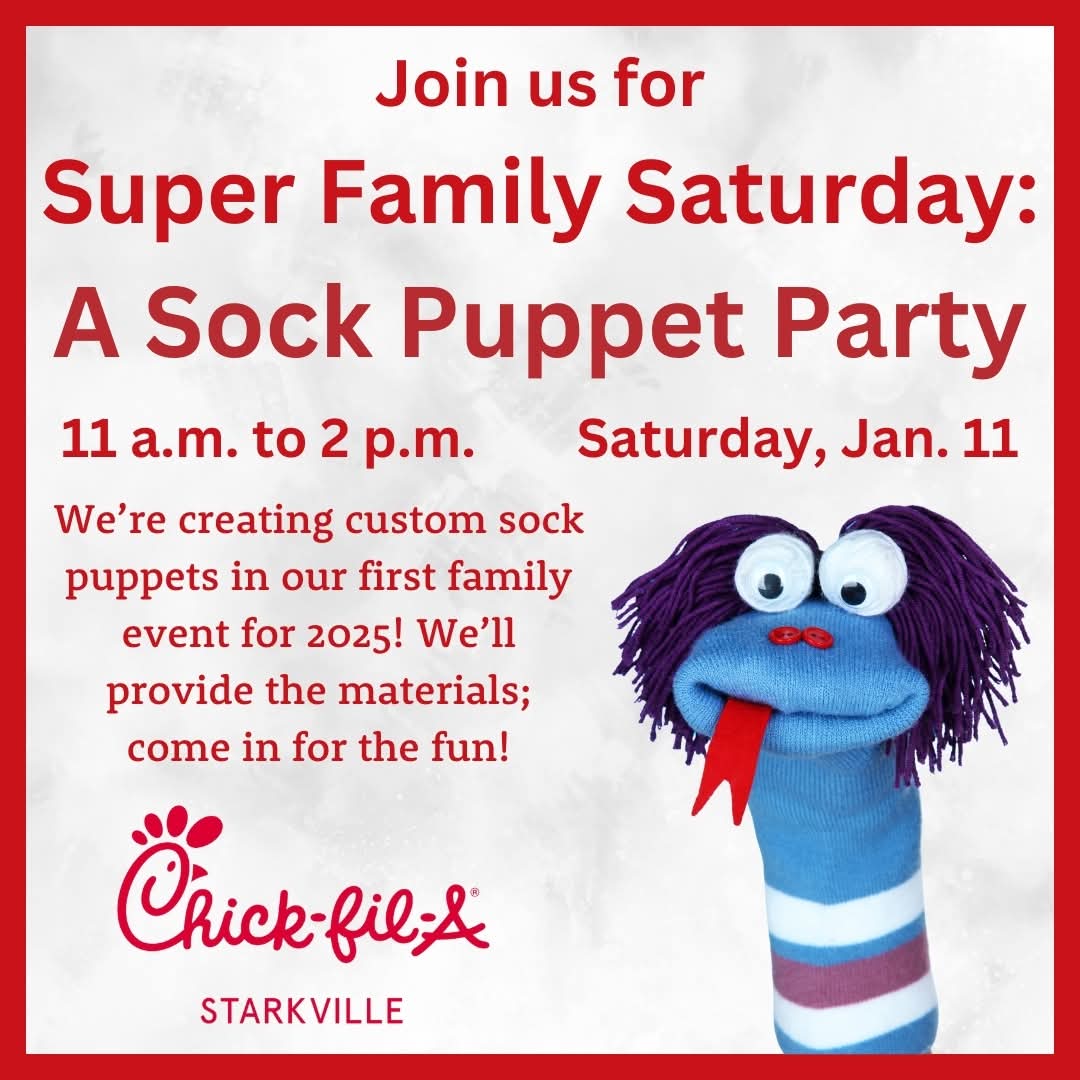 Get set for our first Super Family Saturday of 2025 with our Sock Puppet Party this Saturday from 11 a.m. to 2 p.m.
We'll have socks and materials for kids and adults to create custom sock puppets, and the Chick-fil-A Cow will be there to join in the fun! We'll see YOU there!