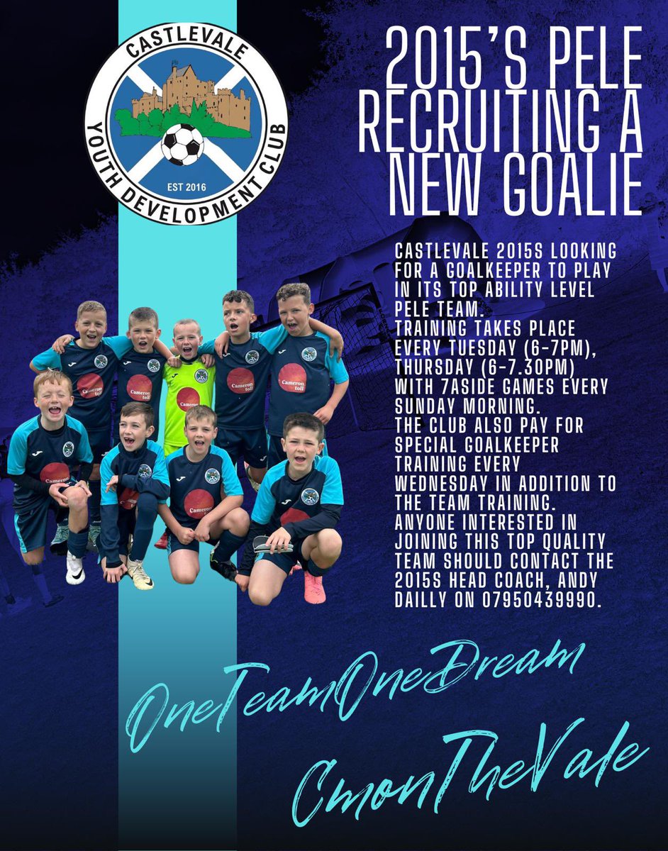 Our 2015’s (pele) are looking for a new goalie for their team. 

This is a great opportunity for someone who is looking to progress, we also offer private academy goalkeeper training when you are part of the club. 

Please contact Andy 07950439990

#OneTeamOneDream #CmonTheVale