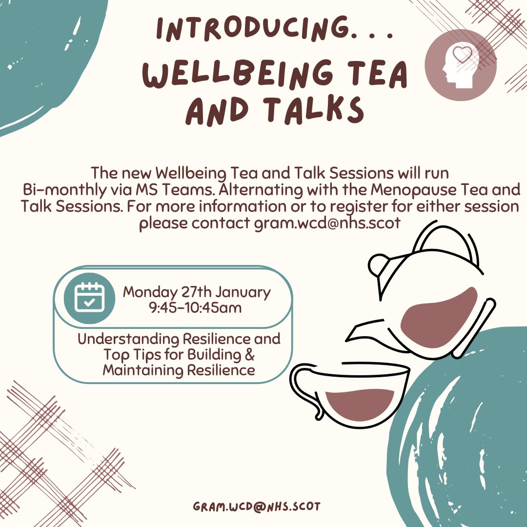 Grampian We Care (@grampianwecare) on Twitter photo Coming up this month we have the first of our Wellbeing Tea and Tallk sessions which will look at Understanding Resilience & Top Tips for Building & Maintaining Resilience. Join us MON 27th Jan 9:45-10:45 via MS Teams all welcome <a href="/NHSGrampian/">NHS Grampian</a> <a href="/NHSGEqualities/">NHS Grampian Staff Equalities Network</a> <a href="/nhsgcharity/">NHS Grampian Charity 💙</a> Coming up this month we have the first of our Wellbeing Tea and Tallk sessions which will look at Understanding Resilience & Top Tips for Building & Maintaining Resilience. Join us MON 27th Jan 9:45-10:45 via MS Teams all welcome <a href="/NHSGrampian/">NHS Grampian</a> <a href="/NHSGEqualities/">NHS Grampian Staff Equalities Network</a> <a href="/nhsgcharity/">NHS Grampian Charity 💙</a>