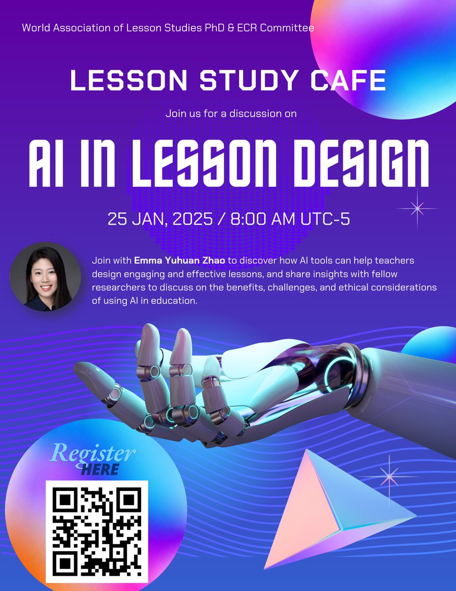 Emma Yuhuan Zhao (@emmazhaoyh) on Twitter photo The <a href="/WALessonStudy/">WALS</a> PhD and ECR committee invite you to participate in the next Lesson Study Café where we discuss the potentials and challenges of using AI to facilitate lesson design at 8 am (UTC-5) on January 25th 2025.
Register: tally.so/r/w7vY5a The <a href="/WALessonStudy/">WALS</a> PhD and ECR committee invite you to participate in the next Lesson Study Café where we discuss the potentials and challenges of using AI to facilitate lesson design at 8 am (UTC-5) on January 25th 2025.
Register: tally.so/r/w7vY5a