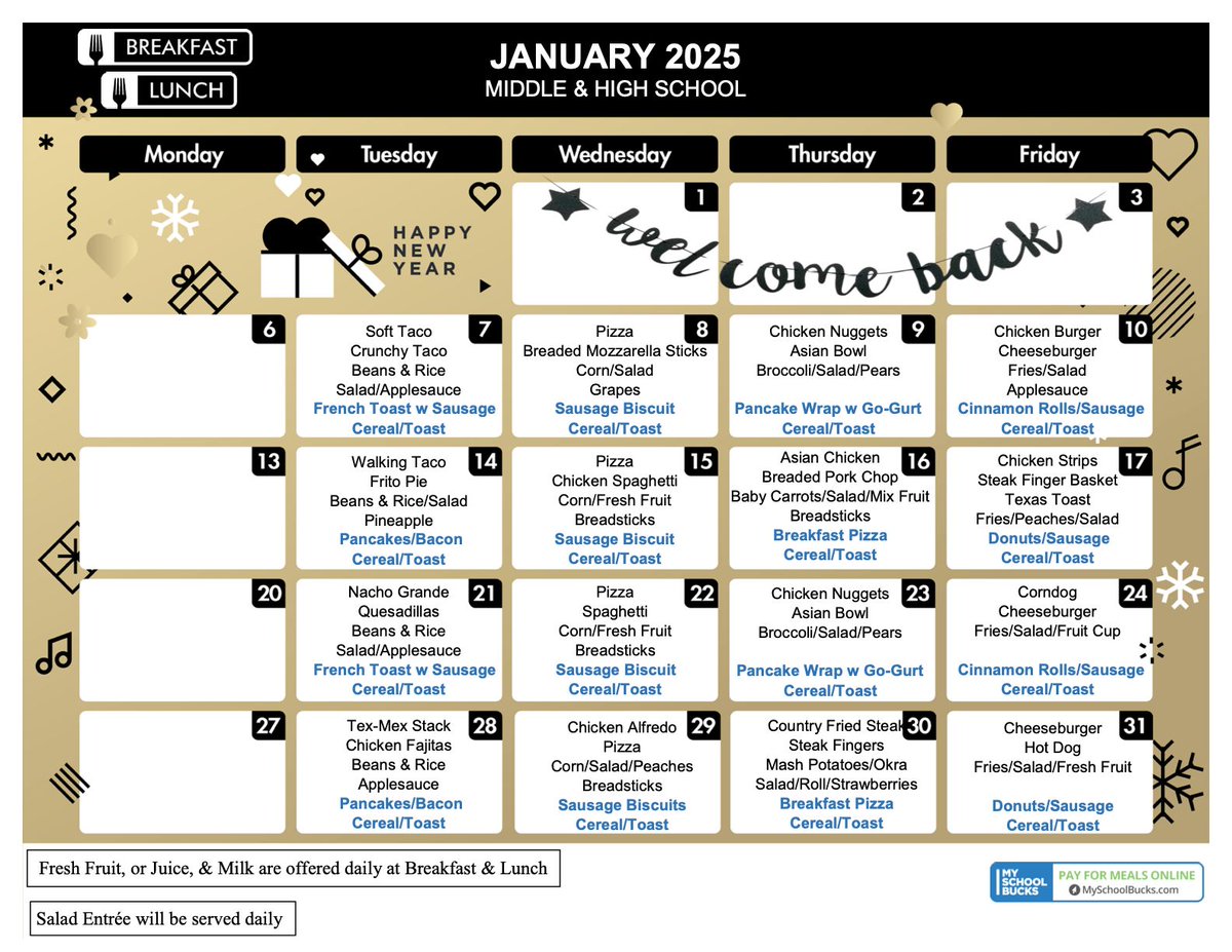 Here's the January 2025 QISD school lunch menus.