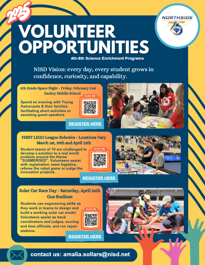 NISD Elem Science (@nisdelemscience) on Twitter photo Hey <a href="/NISD/">Northside ISD</a>, the elementary <a href="/NISDElemScience/">NISD Elem Science</a> department needs your help! We are looking for volunteers for Space Night, LEGO Robotics and Solar Car Races. Check out the link for more information! bit.ly/25scVol Hey <a href="/NISD/">Northside ISD</a>, the elementary <a href="/NISDElemScience/">NISD Elem Science</a> department needs your help! We are looking for volunteers for Space Night, LEGO Robotics and Solar Car Races. Check out the link for more information! bit.ly/25scVol