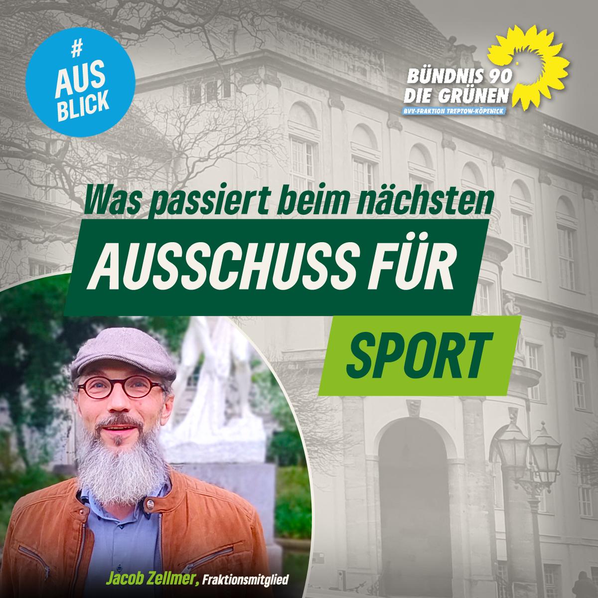 Bündnisgrüne Fraktion Treptow-Köpenick (@gruenebvv_tk) on Twitter photo 🏃♀️🌳 Sportlich & nachhaltig in TK!
Morgen tagt der Sportausschuss unter Leitung unseres Fraktionärs <a href="/JacobZellmer/">Jacob Zellmer</a> .
Themen u.a.: Beratung des Konzepts zum Schutz der biologischen Vielfalt in unserem Bezirk, sowie die Möglichkeiten für die Realisierung von Sportlotsen im Kiez. 🏃♀️🌳 Sportlich & nachhaltig in TK!
Morgen tagt der Sportausschuss unter Leitung unseres Fraktionärs <a href="/JacobZellmer/">Jacob Zellmer</a> .
Themen u.a.: Beratung des Konzepts zum Schutz der biologischen Vielfalt in unserem Bezirk, sowie die Möglichkeiten für die Realisierung von Sportlotsen im Kiez.