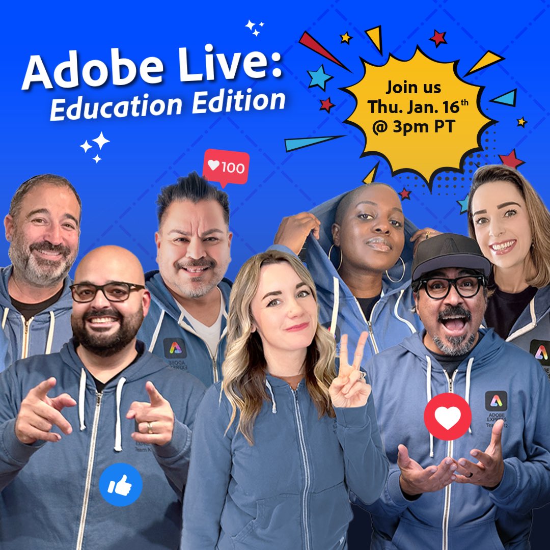 🎬 LIVE ALERT! 

The Adobe Live: Education Edition goes live on January 16th at 3 PM PST!

Are you ready to level up your creative skills? We’ll share all the tools, tips, and tricks you need!

🔗 Register at adobe.ly/AdobeLiveEDU 
#AdobeEduCreative #adobeforEdu

@adobeforedu
