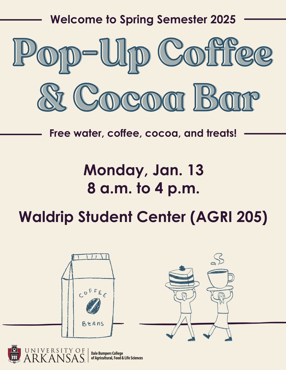 Arkansas Entomology and Plant Pathology (@arkansasepp) on Twitter photo Welcome back students! Feel free to drop by the Pop-Up Coffee and Cocoa bar on January 13th from 8am-4pm. <a href="/bumperscollege/">Bumpers College</a> Welcome back students! Feel free to drop by the Pop-Up Coffee and Cocoa bar on January 13th from 8am-4pm. <a href="/bumperscollege/">Bumpers College</a>