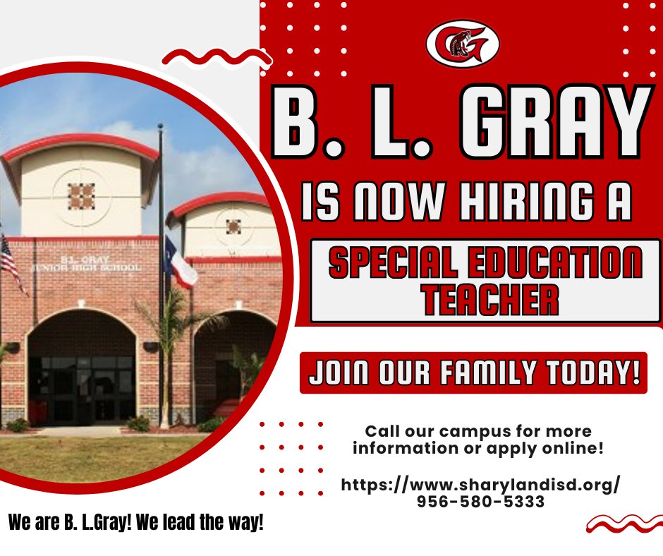 B. L. Gray Junior High is hiring a special education teacher who is passionate about making a difference. If you’re ready to inspire, lead, and help students thrive, we want to hear from you! Apply today and become part of our amazing team!