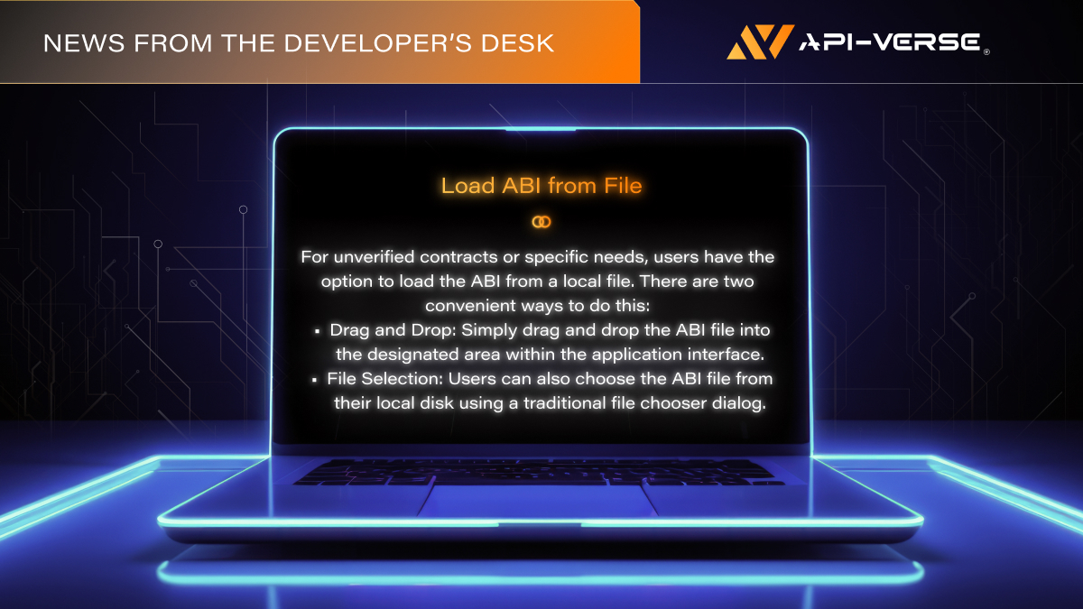 api_verse's tweet image. Hot from the dev desk: Load ABIs like a boss! 📂 
Drag & drop or file pick—either way, you’re in control. Perfect for unverified contracts or custom needs. Get your ABIs sorted faster than you can say “smart contract”! 💥🔥
#abi #infra #web3 #tooling