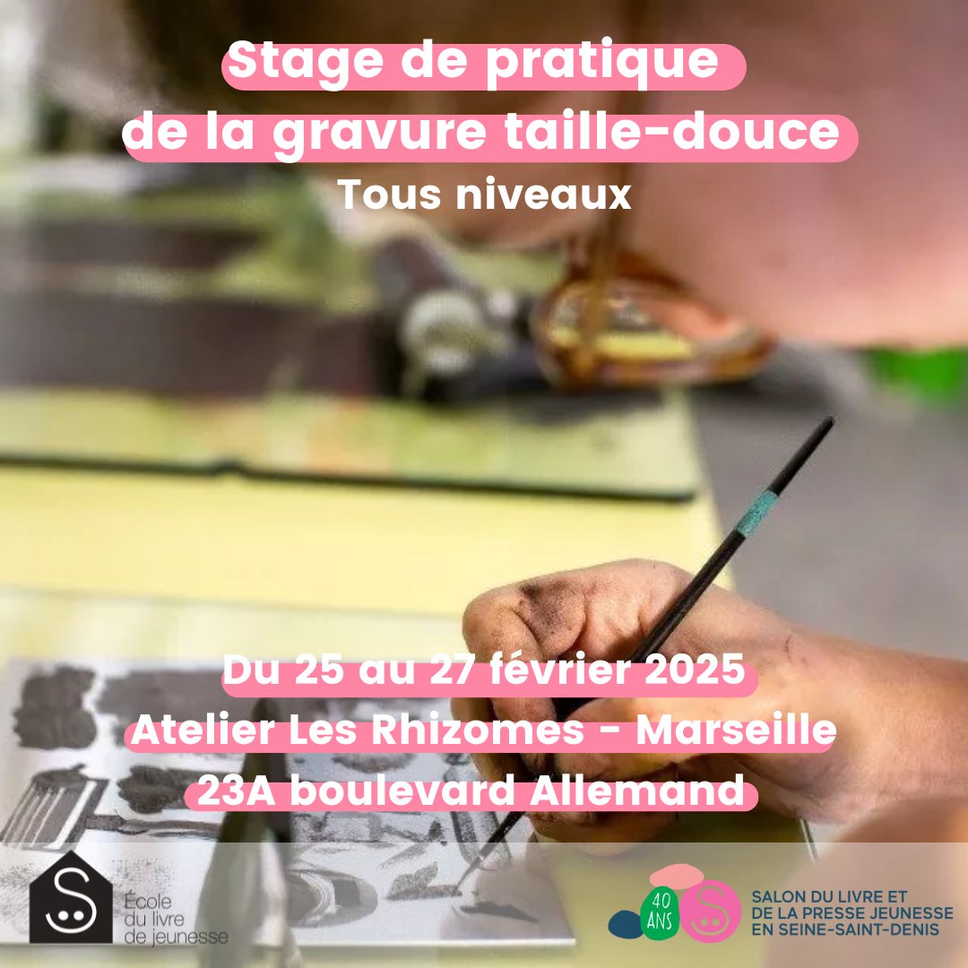 L'École du livre de jeunesse vous propose, du 25 au 27 février prochain, un stage de pratique de la gravure taille-douce, accessible pour tous les niveaux et dispensé à l'Atelier Les Rhizomes à Marseille. Infos et inscriptions : ecole-livre-jeunesse.fr/formations/sta…