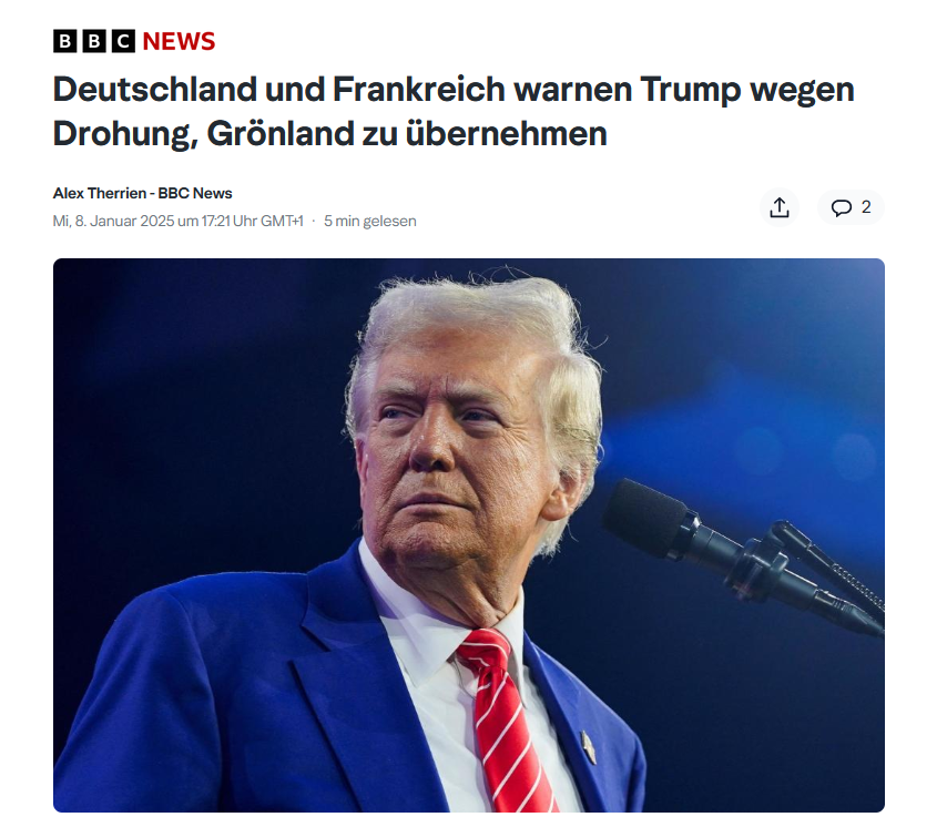 Your_Tweety's tweet photo. Der beste und unglaubwürdigste Joke des Tages. Deutschland und Frankreich warnen die USA vor gewaltsamer Grönlandübernahme. 

Deutschland und Frankreich haben Donald Trump davor gewarnt, Grönland zu bedrohen, nachdem der gewählte US-Präsident sich geweigert hatte, den Einsatz militärischer Gewalt zur Eroberung des autonomen dänischen Territoriums auszuschließen.

Bundeskanzler Olaf Scholz sagte, dass "das Prinzip der Unverletzlichkeit der Grenzen für jedes Land gilt, ... egal ob es sich um ein sehr kleines oder ein sehr mächtiges Land handelt."  Spannend zu hören, denn scheinbar galt das nicht für Länder wie Syrien, Serbien, den Irak, Afghanistan oder Jemen.

Der französische Außenminister Jean-Noël Barrot sagte, dass "es offensichtlich keine Frage ist, dass die Europäische Union es zulassen würde, dass andere Nationen der Welt ihre souveränen Grenzen angreifen."

https://t.co/SP28lvOhNS