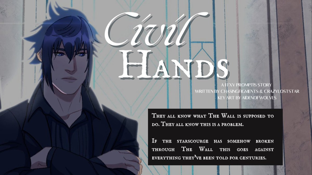 Happy New year everyone! Chapter 18 of Civil Hands is live — we're excited to post again and hope you enjoy. 

Noctis was pulled out of his visit with Prompto suddenly — time to see what's so urgent. 

#FFXV | #promptis | Prince Prompto AU

Read here: archiveofourown.org/works/58291684…