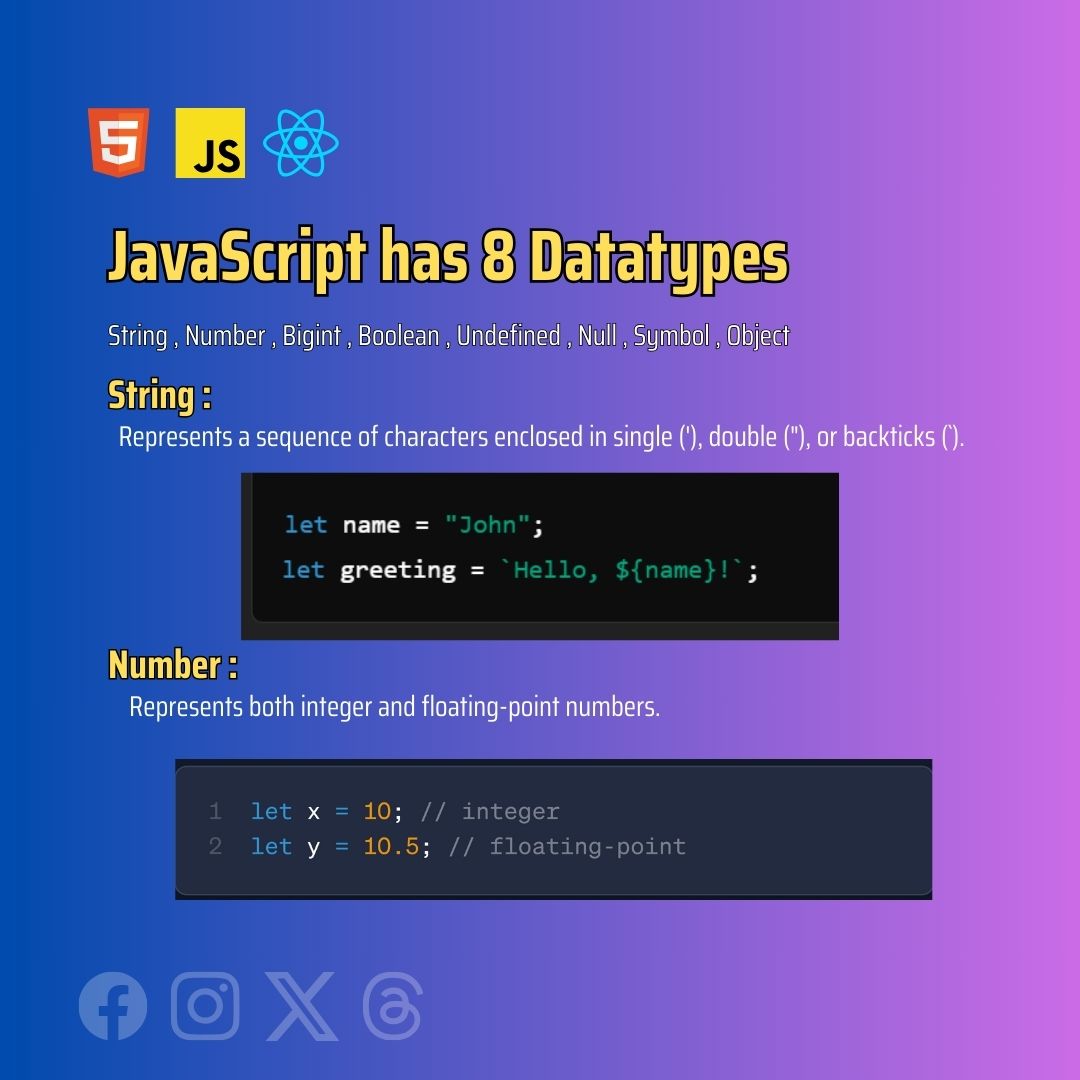 IzazCodes's tweet photo. Data Types in JavaScript 

#WebDevelopment #reactjs https://t.co/QSVE5q9ZSS