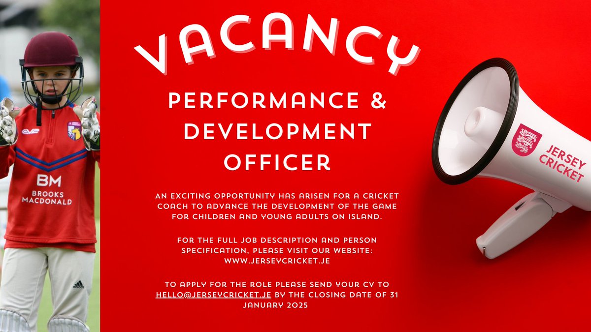 🔴 VACANCY 🔴

We are recruiting for a full-time Performance &amp; Development Officer.

To apply for the role please send your CV to hello@jerseycricket.je by the closing date of 31st January.

The full job description can be found here ⤵️

jerseycricket.je/latest-news/va…