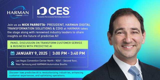 srii8's tweet photo. We're thrilled to announce that our visionary leader- Nick Parrotta will be speaking at the CES Panel Discussion alongside some of the most renowned industry leaders! Discover how Predictive AI is Revolutionizing Industries, Enhancing... #HARMANemployee https://t.co/Nd6NVoXX5L https://t.co/kaAhDePFxy