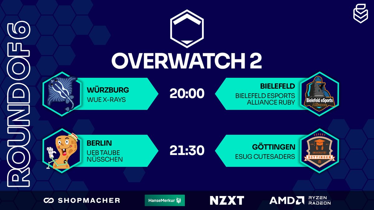 Uniliga (@uniligagg) on Twitter photo 🚨OVERWATCH PLAYOFFS🚨
🕗️20:00 Uhr - Overwatch 2 - Round of 6
📺️twitch.tv/uniliga_aim
⚔️<a href="/esportswue/">WueSports</a> vs. <a href="/bie_alliance/">Bielefeld Esports Alliance</a>
⚔️<a href="/UniEsportBerlin/">University Esports Berlin</a> vs. <a href="/esugesports/">Esport Union Göttingen</a>
🎬️<a href="/Cinzzya/">Cinzya</a>
🎥<a href="/Anomar_01/">Aromat01</a>
🧑💻@johnbishop_ow
🎙️<a href="/darmancast/">Daniel 'Darman' Kentsch</a> & <a href="/markusodersowas/">Markus</a> 🚨OVERWATCH PLAYOFFS🚨
🕗️20:00 Uhr - Overwatch 2 - Round of 6
📺️twitch.tv/uniliga_aim
⚔️<a href="/esportswue/">WueSports</a> vs. <a href="/bie_alliance/">Bielefeld Esports Alliance</a>
⚔️<a href="/UniEsportBerlin/">University Esports Berlin</a> vs. <a href="/esugesports/">Esport Union Göttingen</a>
🎬️<a href="/Cinzzya/">Cinzya</a>
🎥<a href="/Anomar_01/">Aromat01</a>
🧑💻@johnbishop_ow
🎙️<a href="/darmancast/">Daniel 'Darman' Kentsch</a> & <a href="/markusodersowas/">Markus</a>