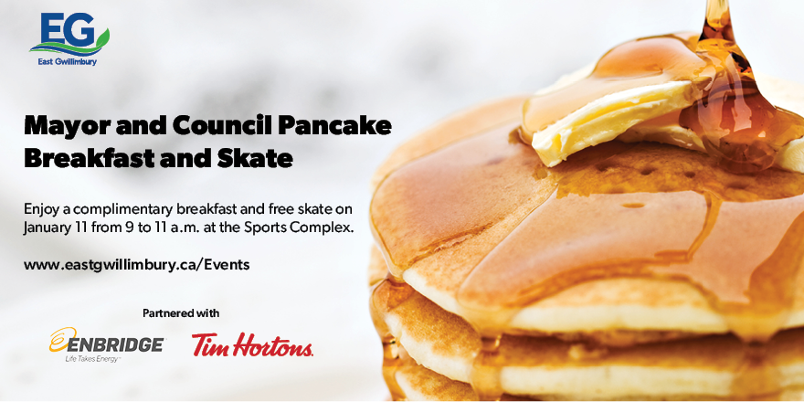 townofeg's tweet image. Brighten up your morning with a stack of delicious pancakes with Mayor and Council for the Pancake Breakfast and Free Skate on January 11 from 9 to 11 a.m. at the #EG Sports Complex (1914B Mount Albert Road). 

Thank you to our partners:
➡️ Enbridge 
➡️Tim Hortons

Learn more at…