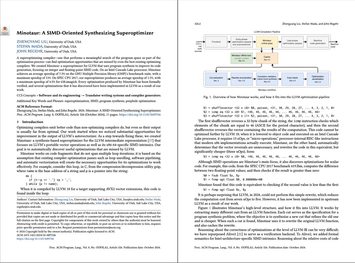 vivekgalatage's tweet image. Compiler Optimizations and SIMD

The ongoing research in compiler technology is fascinating; every year, new research takes SIMD-related optimizations further to improve performance in many ways. 🚀

Two of the papers that I am reading right now are 

* Minotaur: A SIMD-Oriented…