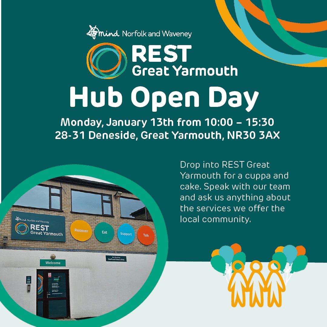 Join us at REST Great Yarmouth next Monday for our open hub day!

Visit between 10:00 and 15:30 to speak with our staff, find out what groups and services we provide, and discuss more information about our Adult Community Support Service.