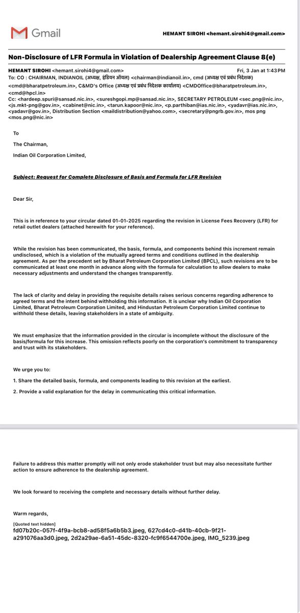 HemantSirohi1's tweet photo. @IndianOilcl revises LFR rates without disclosing the formula or basis, violating Clause 8(e) of the dealership agreement. Transparency delayed is trust denied. Why withhold critical details affecting dealers nationwide? Urgent action required! #DealersRights #TransparencyMatters”